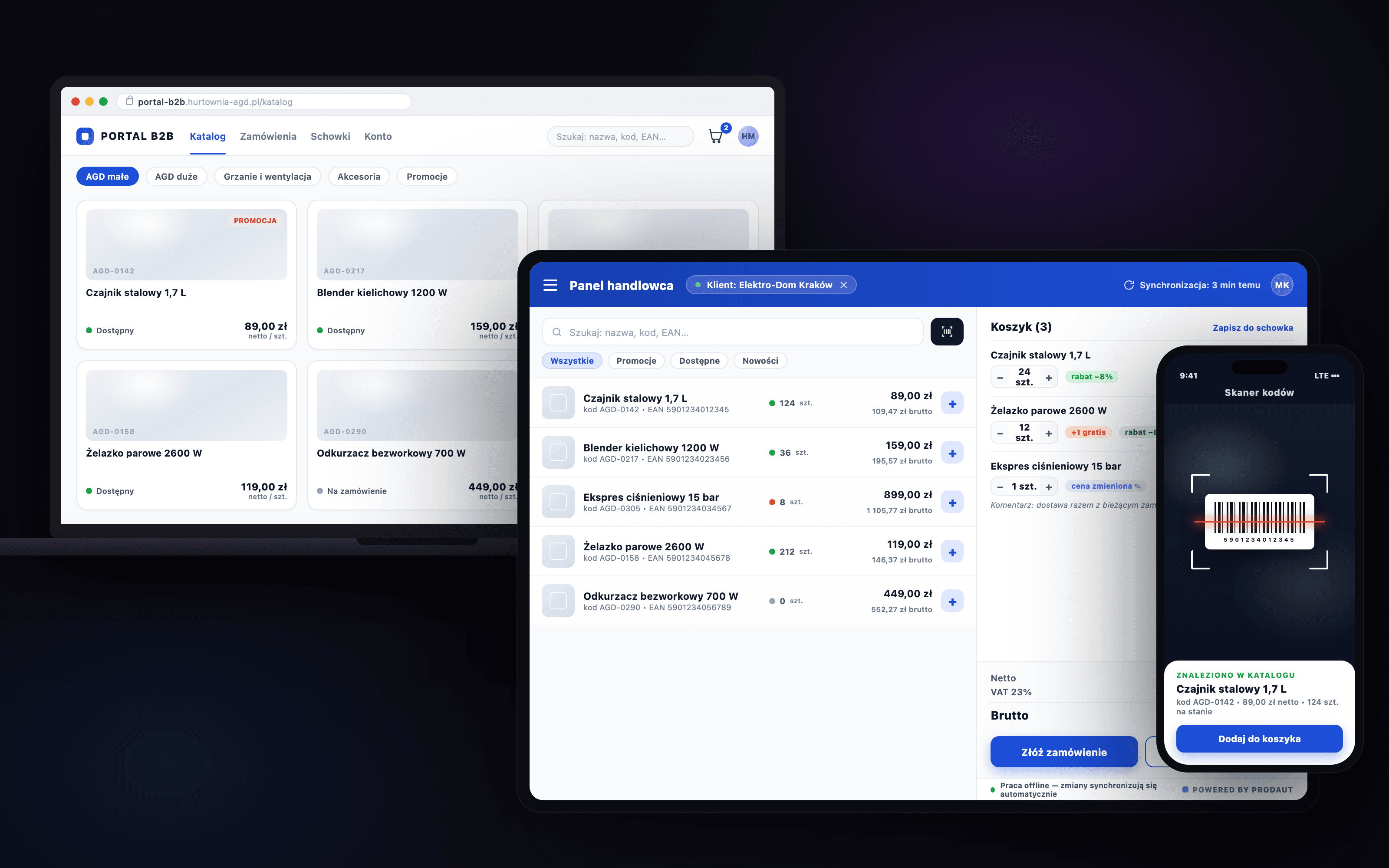 Hurtownia B2B AGD: portal B2B na laptopie, panel handlowca na tablecie i skaner kodów na telefonie