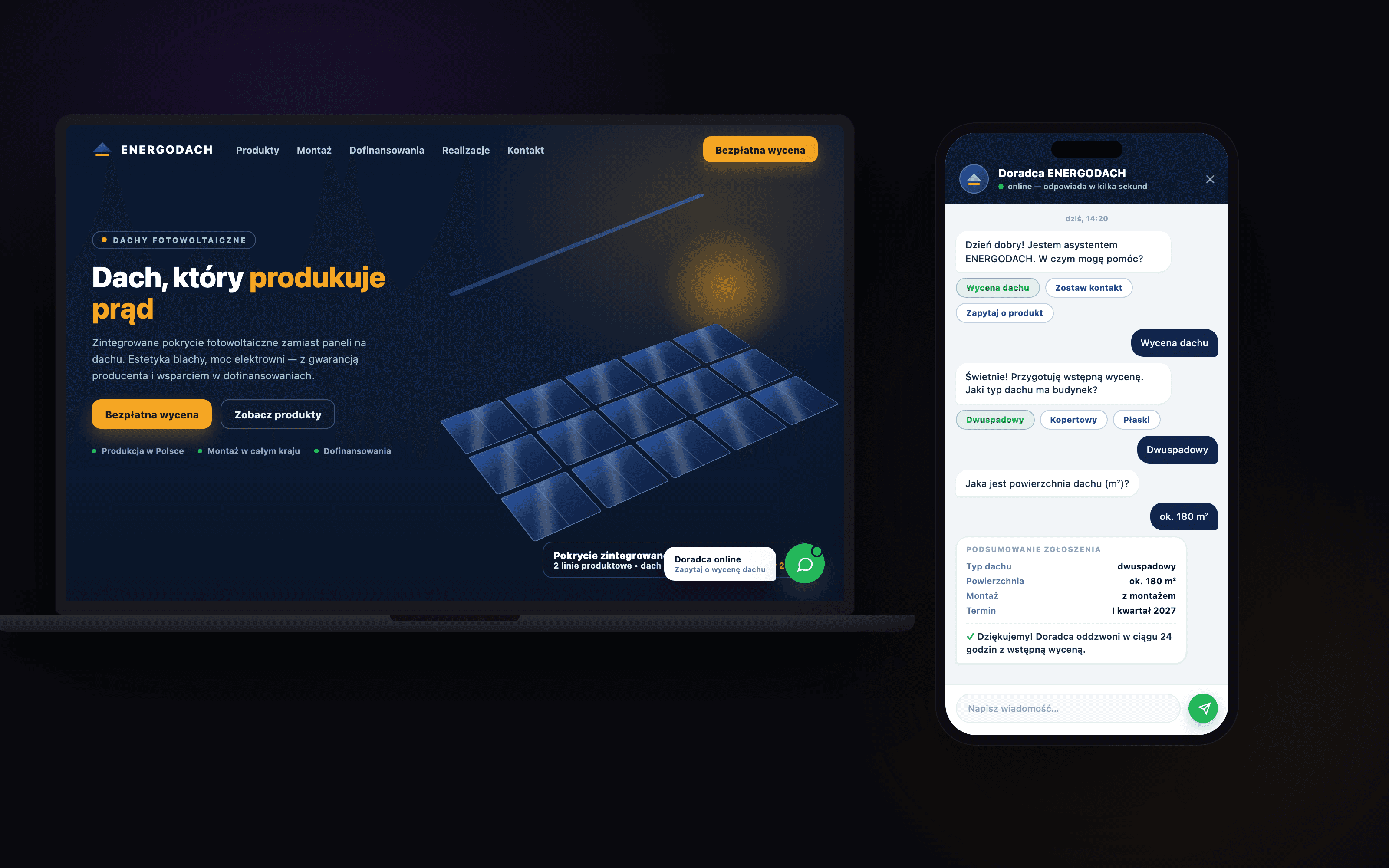 Chatbot AI na stronie producenta dachów PV: rozmowa z wyceną dachu na telefonie